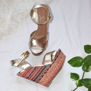 Patterned Wedges with Gold Straps